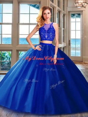 Tulle Scoop Sleeveless Zipper Appliques Quince Ball Gowns in Royal Blue