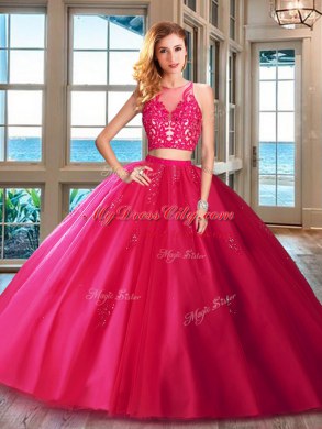 Tulle Scoop Sleeveless Zipper Appliques Quince Ball Gowns in Royal Blue