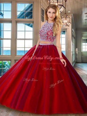 Customized Scoop Red Sleeveless Beading Backless Quince Ball Gowns