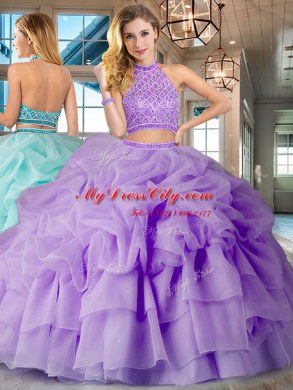 Dramatic Pick Ups Ruffled Lavender Quinceanera Dresses Halter Top Sleeveless Brush Train Backless