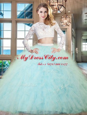 Stylish Light Blue Two Pieces Tulle Scoop Long Sleeves Beading and Lace and Ruffles Floor Length Zipper 15 Quinceanera Dress