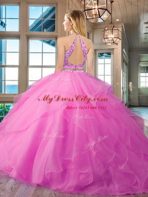 Scoop Beading and Ruffles Quinceanera Gowns Peach Backless Sleeveless Floor Length