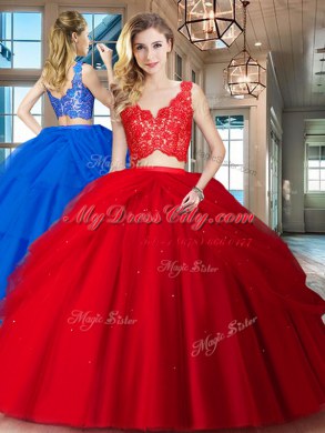 Sleeveless Floor Length Lace and Ruffled Layers Zipper Quinceanera Dresses with Red
