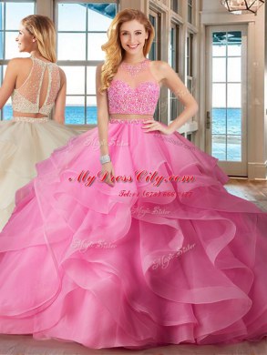 Flirting Baby Pink Two Pieces Organza High-neck Sleeveless Beading and Ruffles With Train Lace Up Vestidos de Quinceanera Brush Train