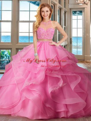 Flirting Baby Pink Two Pieces Organza High-neck Sleeveless Beading and Ruffles With Train Lace Up Vestidos de Quinceanera Brush Train