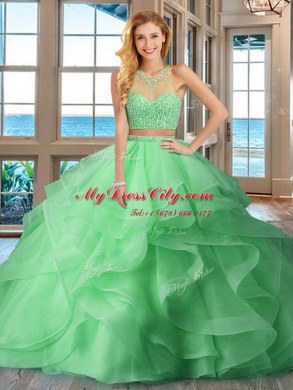 Flirting Baby Pink Two Pieces Organza High-neck Sleeveless Beading and Ruffles With Train Lace Up Vestidos de Quinceanera Brush Train