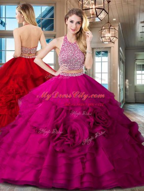 Sophisticated Brush Train Two Pieces 15 Quinceanera Dress Fuchsia Halter Top Organza Sleeveless With Train Backless