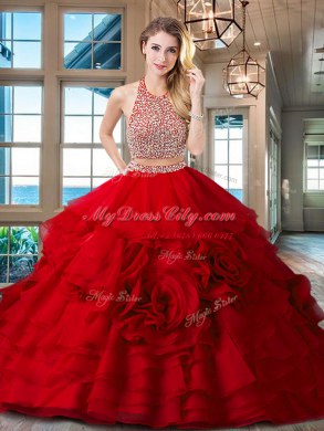 Sophisticated Brush Train Two Pieces 15 Quinceanera Dress Fuchsia Halter Top Organza Sleeveless With Train Backless