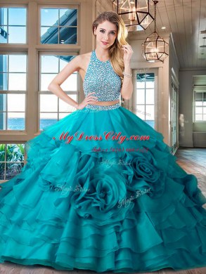 Sophisticated Brush Train Two Pieces 15 Quinceanera Dress Fuchsia Halter Top Organza Sleeveless With Train Backless