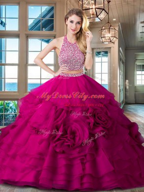 Sophisticated Brush Train Two Pieces 15 Quinceanera Dress Fuchsia Halter Top Organza Sleeveless With Train Backless