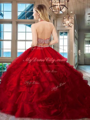 Sophisticated Brush Train Two Pieces 15 Quinceanera Dress Fuchsia Halter Top Organza Sleeveless With Train Backless