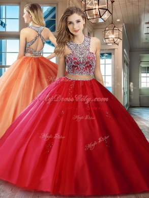 Fancy Scoop Criss Cross Tulle Sleeveless With Train Vestidos de Quinceanera Brush Train and Beading and Appliques