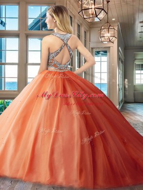 Fancy Scoop Criss Cross Tulle Sleeveless With Train Vestidos de Quinceanera Brush Train and Beading and Appliques