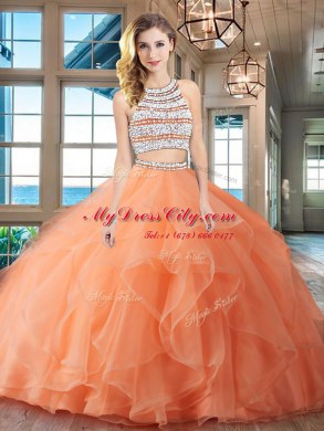 Scoop Backless With Train Orange Ball Gown Prom Dress Organza Brush Train Sleeveless Beading and Ruffles