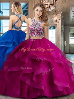 Scoop With Train Two Pieces Sleeveless Fuchsia Quinceanera Gown Brush Train Criss Cross