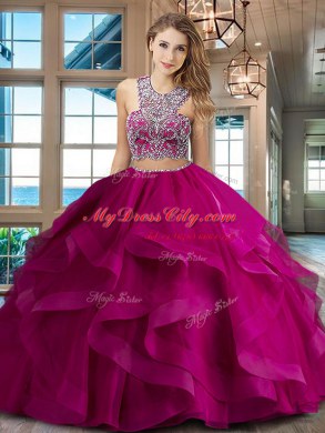 Scoop With Train Two Pieces Sleeveless Fuchsia Quinceanera Gown Brush Train Criss Cross
