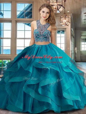 Scoop With Train Two Pieces Sleeveless Fuchsia Quinceanera Gown Brush Train Criss Cross