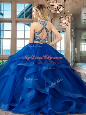 Scoop With Train Two Pieces Sleeveless Fuchsia Quinceanera Gown Brush Train Criss Cross