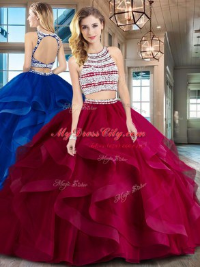 Scoop Backless With Train Wine Red Quinceanera Gowns Tulle Brush Train Sleeveless Beading and Ruffles