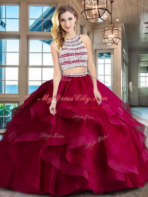 Scoop Backless With Train Wine Red Quinceanera Gowns Tulle Brush Train Sleeveless Beading and Ruffles