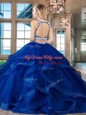 Scoop Backless With Train Wine Red Quinceanera Gowns Tulle Brush Train Sleeveless Beading and Ruffles