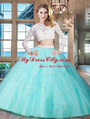 Scoop Aqua Blue Tulle Zipper Quinceanera Dresses Long Sleeves Floor Length Beading and Lace and Ruffles