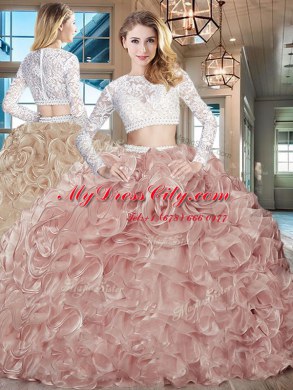 Organza Scoop Long Sleeves Brush Train Zipper Beading and Lace and Ruffles 15 Quinceanera Dress in Pink