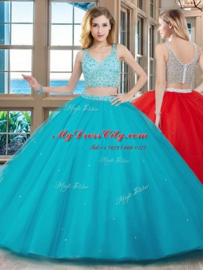Fashionable Aqua Blue Zipper V-neck Beading Sweet 16 Dress Tulle Sleeveless Brush Train