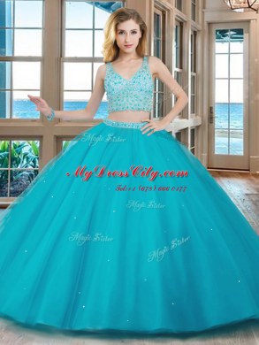 Fashionable Aqua Blue Zipper V-neck Beading Sweet 16 Dress Tulle Sleeveless Brush Train