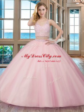 Fashionable Aqua Blue Zipper V-neck Beading Sweet 16 Dress Tulle Sleeveless Brush Train