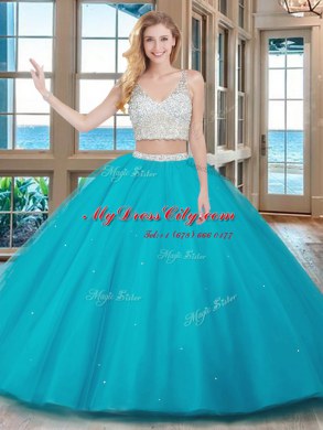 Fashionable Aqua Blue Zipper V-neck Beading Sweet 16 Dress Tulle Sleeveless Brush Train