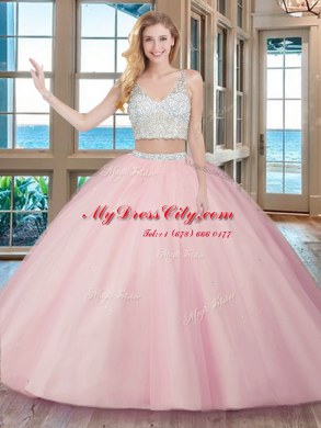 Fashionable Aqua Blue Zipper V-neck Beading Sweet 16 Dress Tulle Sleeveless Brush Train