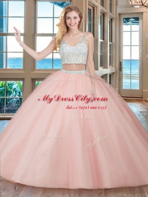 Fashionable Aqua Blue Zipper V-neck Beading Sweet 16 Dress Tulle Sleeveless Brush Train