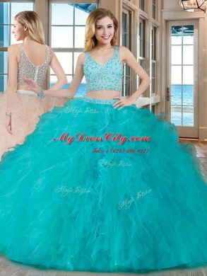 Fashionable Tulle Sleeveless Floor Length Vestidos de Quinceanera and Beading and Ruffles