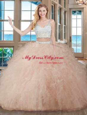 Fashionable Tulle Sleeveless Floor Length Vestidos de Quinceanera and Beading and Ruffles