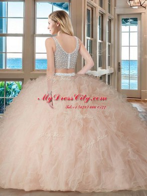 Fashionable Tulle Sleeveless Floor Length Vestidos de Quinceanera and Beading and Ruffles