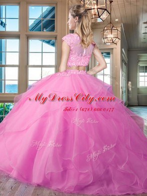 Scoop Cap Sleeves Organza With Brush Train Zipper Quinceanera Gown in Lavender with Beading and Appliques and Ruffles