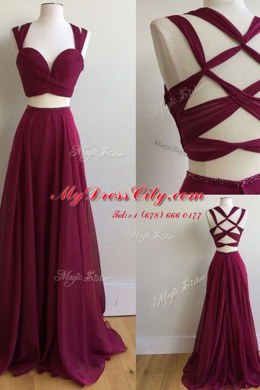 With Train A-line Sleeveless Burgundy Evening Dress Sweep Train Criss Cross
