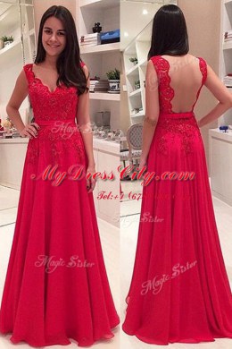 Floor Length Red V-neck Sleeveless Backless