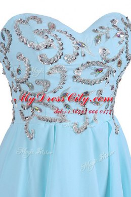 Blue Criss Cross Evening Dress Embroidery Sleeveless Knee Length