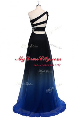One Shoulder Sleeveless Criss Cross Prom Dress Navy Blue Chiffon