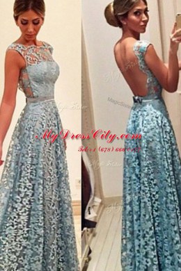 Sleeveless Floor Length Lace Backless Evening Dress with Turquoise