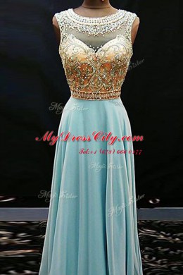 Scoop Chiffon Sleeveless Floor Length Prom Party Dress and Beading