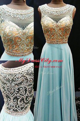 Scoop Chiffon Sleeveless Floor Length Prom Party Dress and Beading