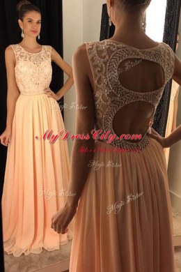 Scoop Peach A-line Beading and Lace Prom Dress Backless Chiffon Sleeveless Floor Length