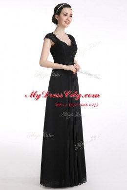 Pretty Floor Length A-line Cap Sleeves Black Dress for Prom Zipper