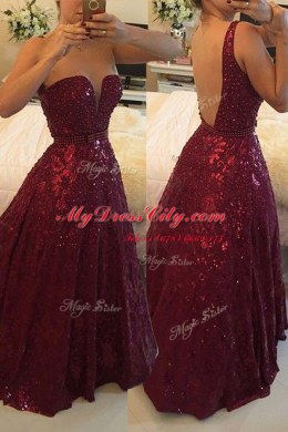 Stunning Lace Burgundy Sleeveless Floor Length Beading Backless Prom Evening Gown