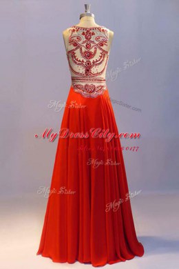 Scoop Floor Length Side Zipper Prom Gown Coral Red for Prom with Beading and Pleated