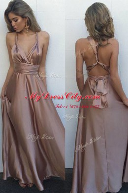 Pink A-line V-neck Sleeveless Satin Floor Length Criss Cross Pleated Homecoming Dress