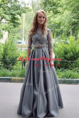 Edgy Scoop Grey 3 4 Length Sleeve Satin Zipper Prom Gown for Prom